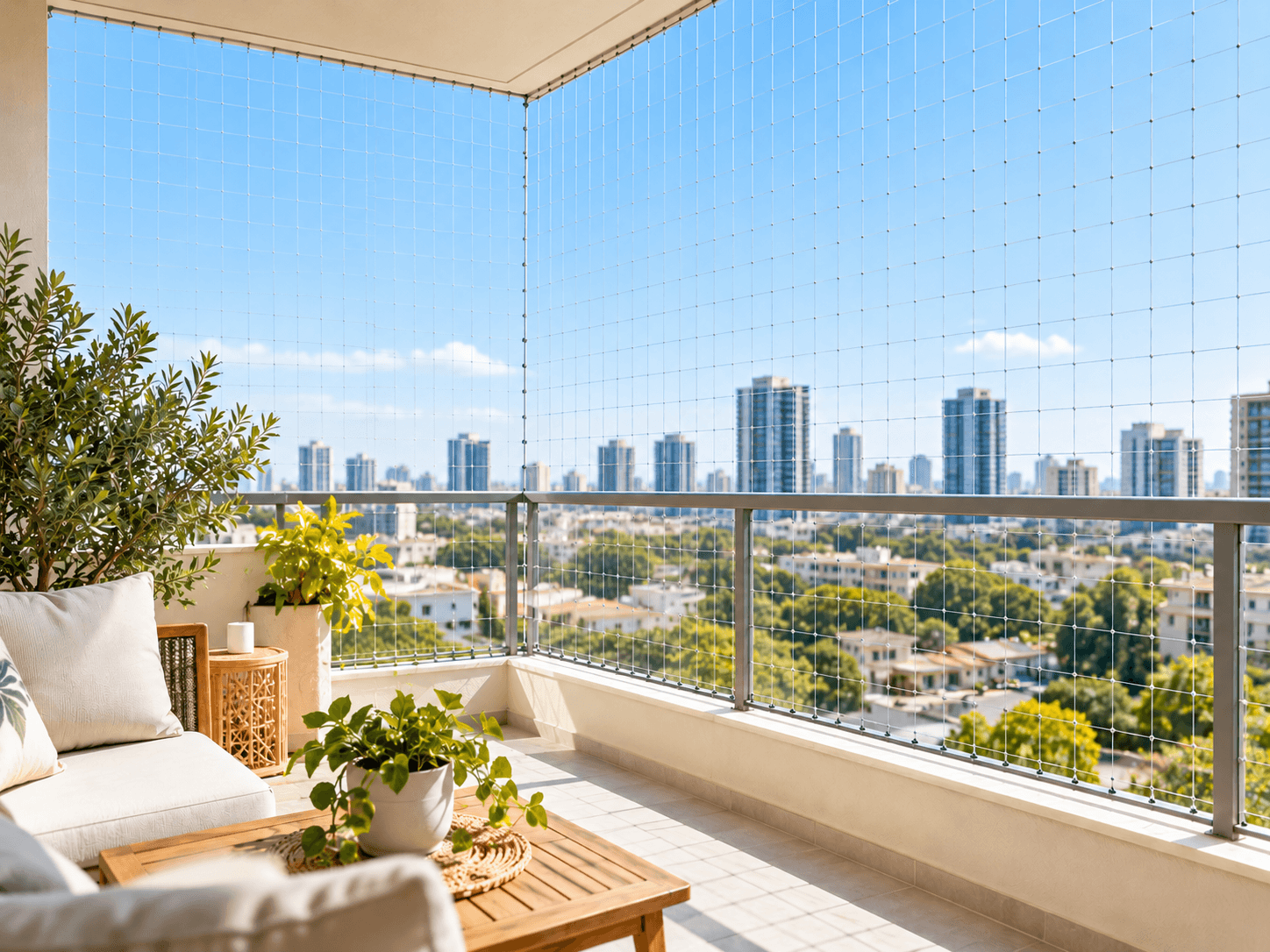 מרפסת עירונית מוגנת ברשת שקופה נגד יונים